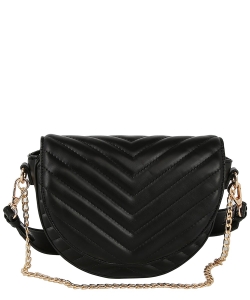 Chevron Quilted Flap Saddle Crossbody Bag LHU483 BLACK